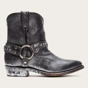 $429 Frye Billy Metallic Silver Chain Black Leather Cowboy Motorcycle Ankle Boot
